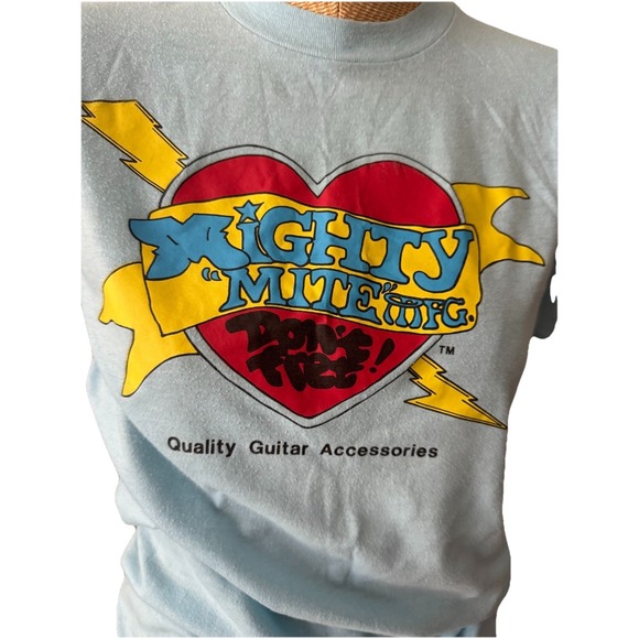 Vtg 80s Mighty Mite Guitar Accessories Heart Graphic T Size L Single Stitch - Picture 2 of 6